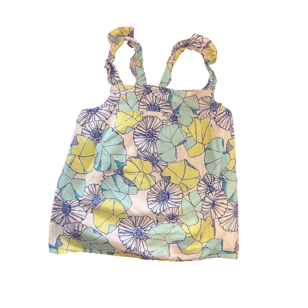 Gymboree Girls Floral Ruffle Strap Tank Top Blue Yellow Green Shimmer Size 6